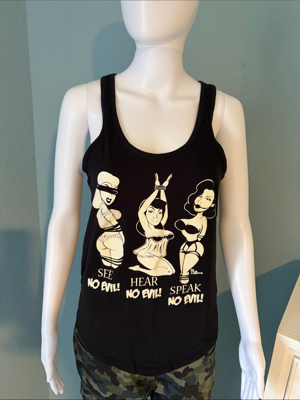 Black Graphic Scoop Neck Tank Top - See Hear Speak No Evil